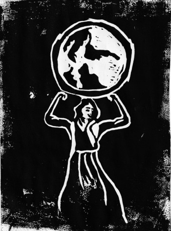 Linocut image of a woman holding up the world